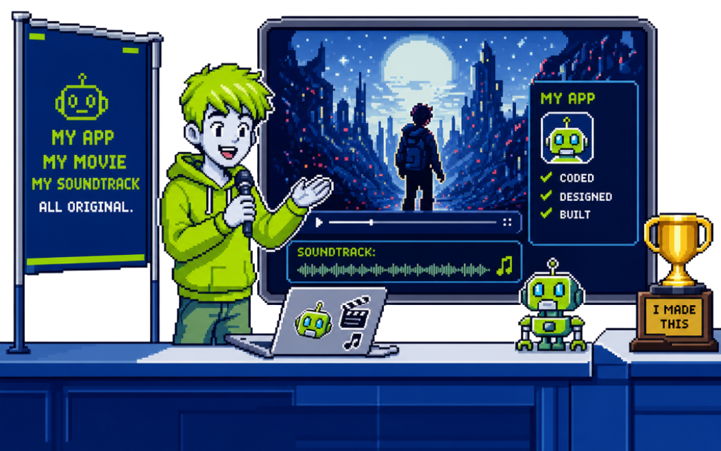 A child proudly presenting their own app, movie and soundtrack — all original, made by them