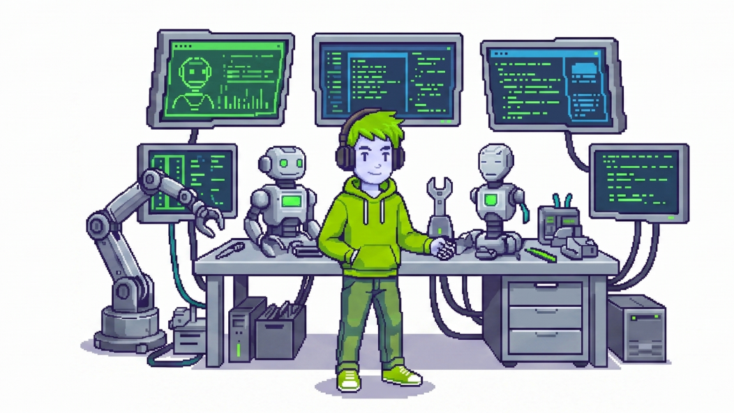 A child building projects in an AI studio, surrounded by helper robots and screens