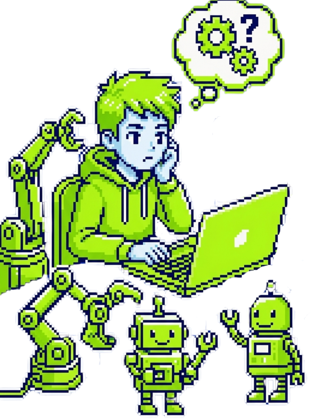 Pixel art kid working with AI robots